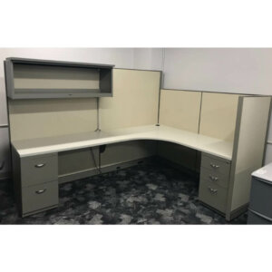 Steelcase L-Shape workstation with overhead shelf, high panels, radius corner with file/file and box/box/file pedestal