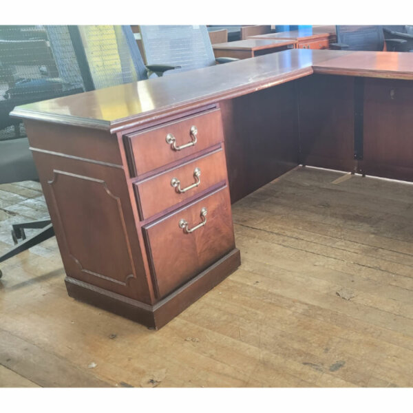 Traditional U-Shape Desk Suite U-Shape Dimensions: 72"w x 102"d - Left-hand facing Side Table Dimensions: 24"w x 18"d x 29"h Storage Cabinet: 35"w x 20"d x 29"h Beautiful traditional detailed moldings & edging Box/box/file & pencil drawer in main desk Box/box/file pedestal in credenza