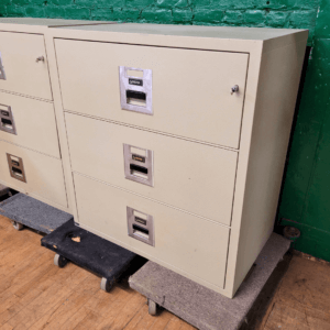 Gardex Fire Proof Three Drawer Lateral 49"w x 24"d x 42"h Beige UL Classified fire endurance 1-hour at 1700° F Plunger key lock secures all drawers Drawer layout flexibility accommodates legal and letter-size hanging file folders Lined interior conceals cabinet insulation and protects contents from unwanted dust Rugged suspension system design ensures smooth and easy drawer movement -- even when fully loaded