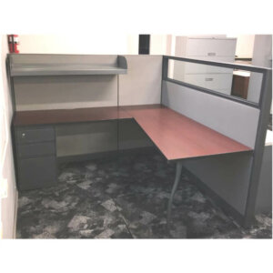 Steelcase Answer 72" x 72" grey with cherry worksurface, box, box, file pedestal, rudder main top with leg, 48" shelf, 54" high panels. 12" glass panels available.