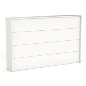 Reception Front - Axis with Studio White melamine, Chrome beading detail on front, 0.75″ flush-joined construction, Straight or 90˚ options