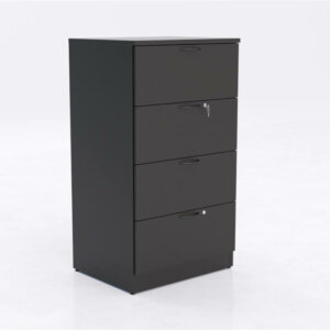 IOF Four Drawer Lateral File Cabinet 1” thick laminate available on all units in multiple finishes Locking storage Solid matching back Leveling glides