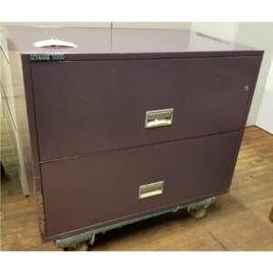 Schwab 5000 Fire Proof Two Drawer Lateral Dimensions: 37"w x 21"d x 28"h Colour: Purple ** Can be re-painted to preferred colour ** UL Classified fire endurance 1-hour at 1700° F Plunger key lock secures all drawers Drawer layout flexibility accommodates legal and letter-size hanging file folders Lined interior conceals cabinet insulation and protects contents from unwanted dust Rugged suspension system design ensures smooth and easy drawer movement -- even when fully loaded