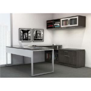 Intelligent Office Furniture "U" Shape Desk Typical B2016-26 Overall Size: 72"w x 90"d Main Desk: 72"w x 30"d x 29"h with 60"w x 24"d x 29"h return Low Credenza with Cushion: 72"w x 20"d x 23"h Wall-Mounted Hutch: 72"w x 15"d x 15"h Pictured in Tuxedo / Silver Rail Pulls Modern desk with open O-Legs and modesty panel Storage credenza with wide box and lateral file drawers and 36" cushion Wall-mounted hutch with open shelving and glass doors