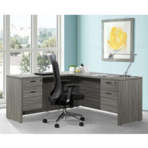Napa L-shape Desk 66" x 66" Overall dimensions: 66"w x 66"d x 29"h Urban walnut two locking box, file pedestal Full modesty panel Generous leg room