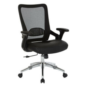 WorkSmart Mesh Back Task Chair model EMH6921C Breathable mesh back with built-in lumbar support Black padded bonded leather seat One-touch pneumatic seat height adjustment Locking tilt control with adjustable tilt tension Adjustable PU padded flip arms Chrome base with dual wheel carpet casters
